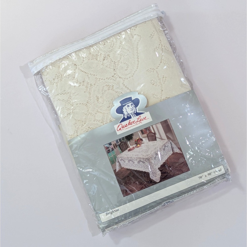 Vintage Quaker Lace Tablecloth Brighton 70x90" Oval Ivory 44421 USA Made EUC